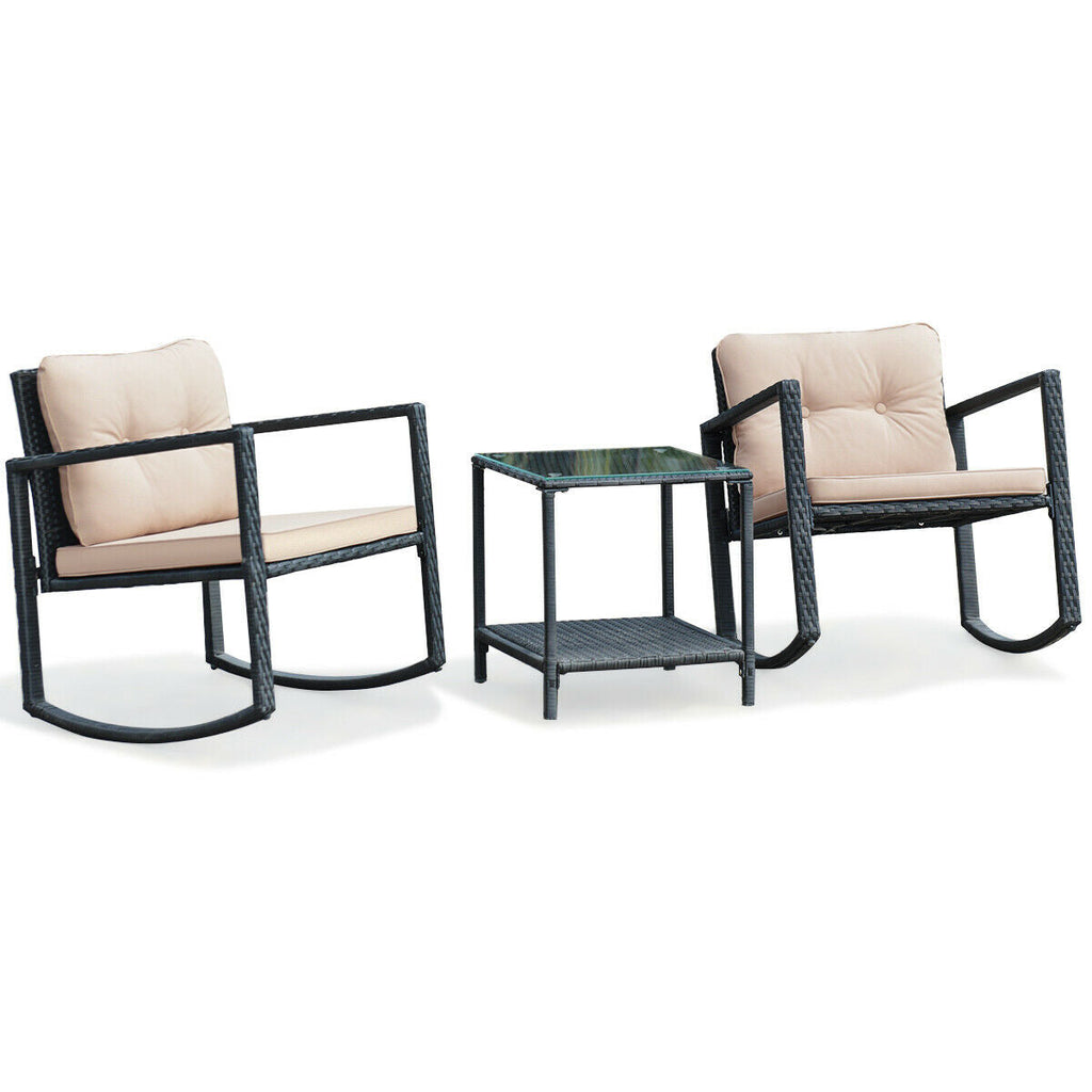3 Pcs Wicker Rocking Bistro Set with Glass Coffee Table and Storage Shelf-Beige