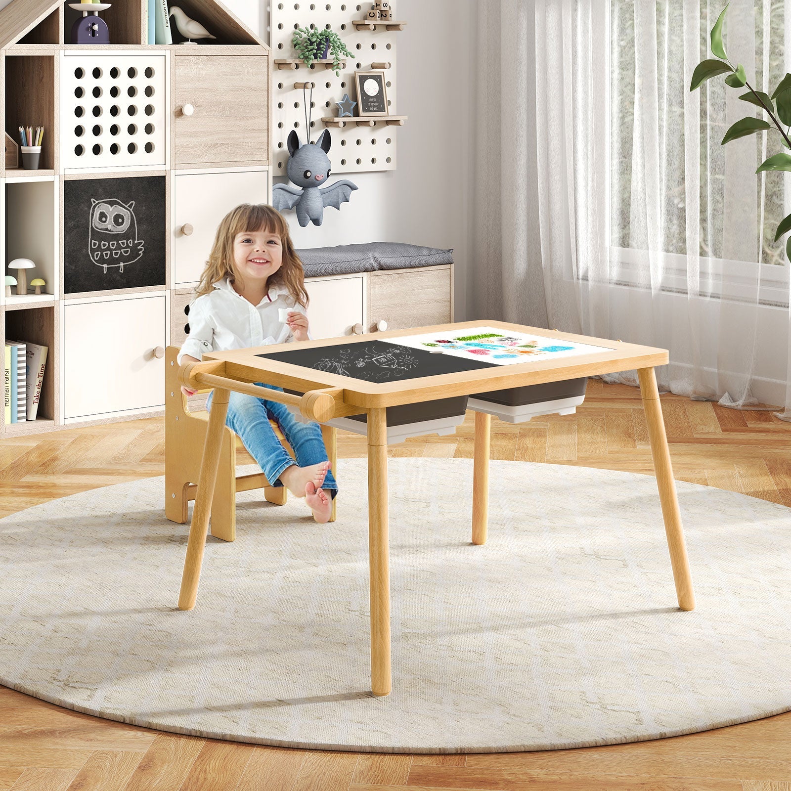 Sensory Table and Chair Set for Kids 2-8 with Foldable Bins-Natural