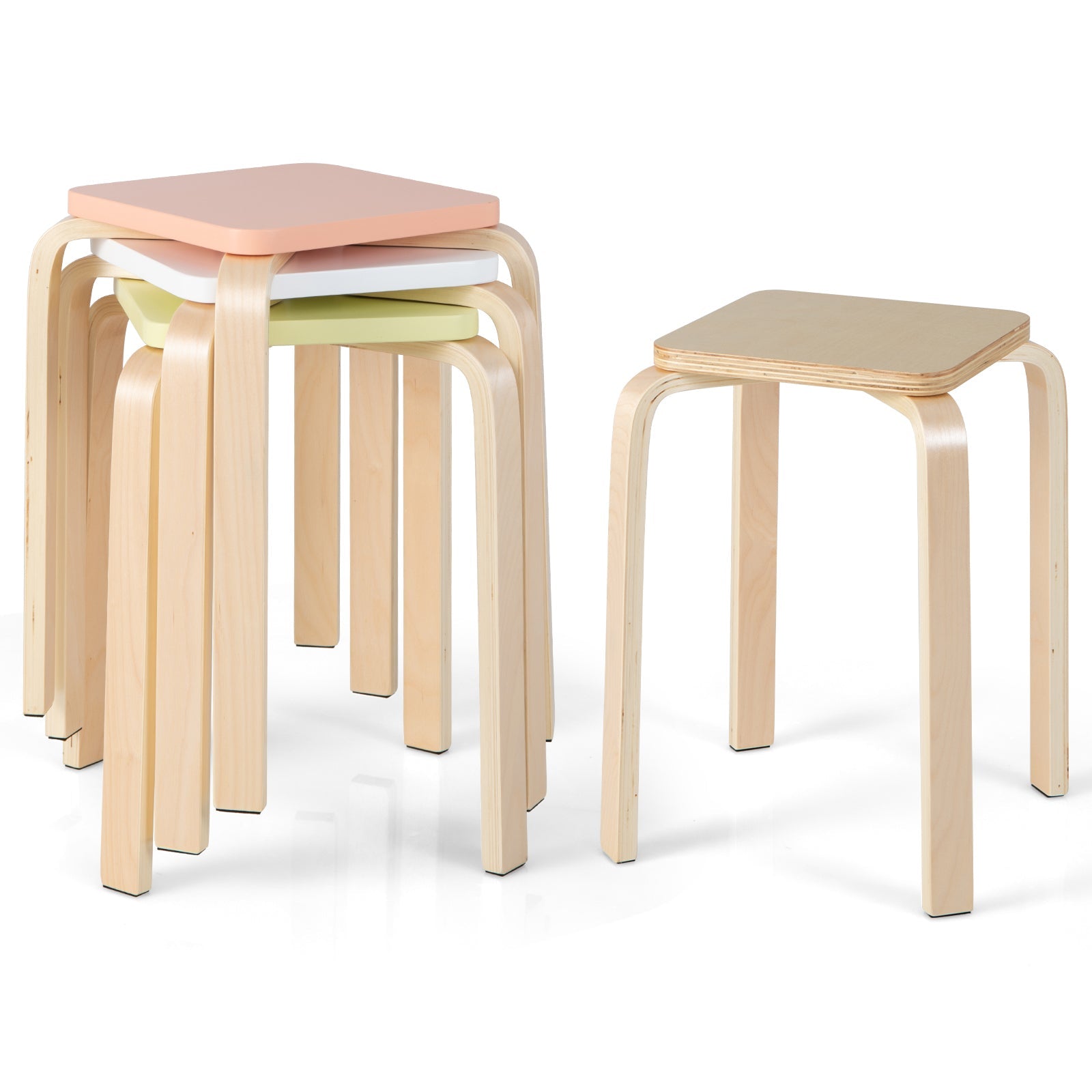 Set of 4 Colorful Square Stools with Anti-slip Felt Mats-Multicolor