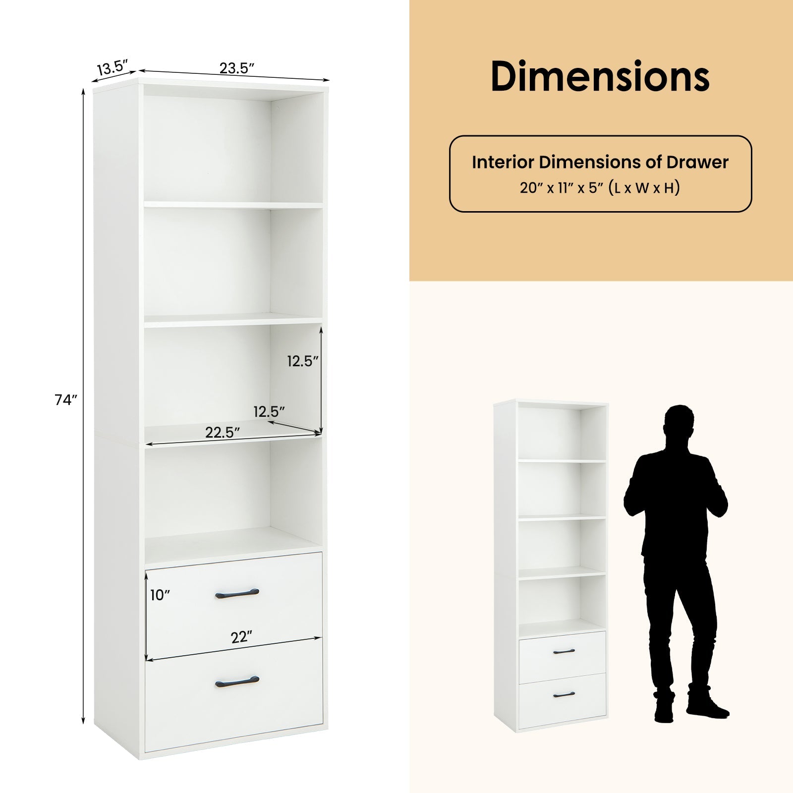 6-Tier Tall Freestanding Bookshelf with 4 Open Shelves and 2 Drawers-White