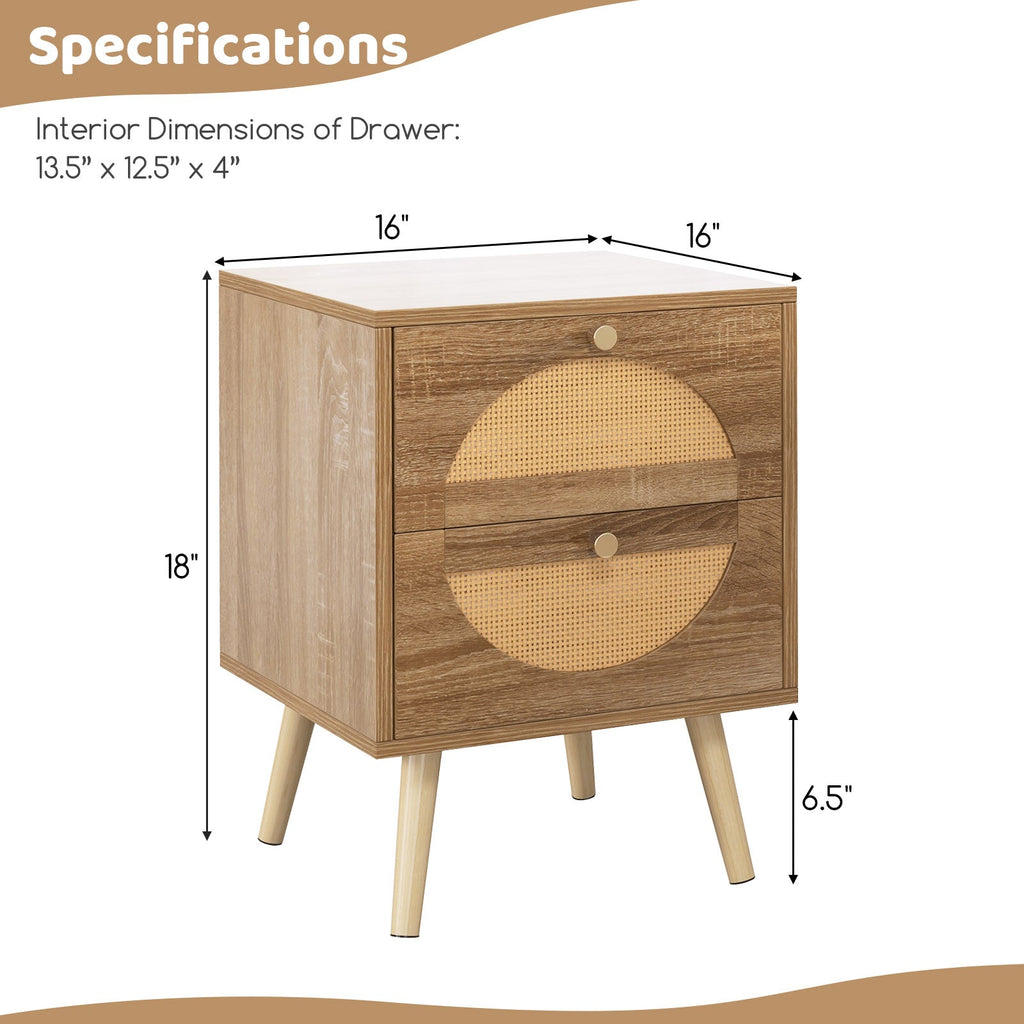 Set of 2 Rattan Nightstand with 2 Drawers and Solid Wood Legs-Natual