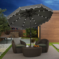 9.3 FT Solar Patio Umbrella with 24 LED Lights Vented Top and Ruffles-Gray