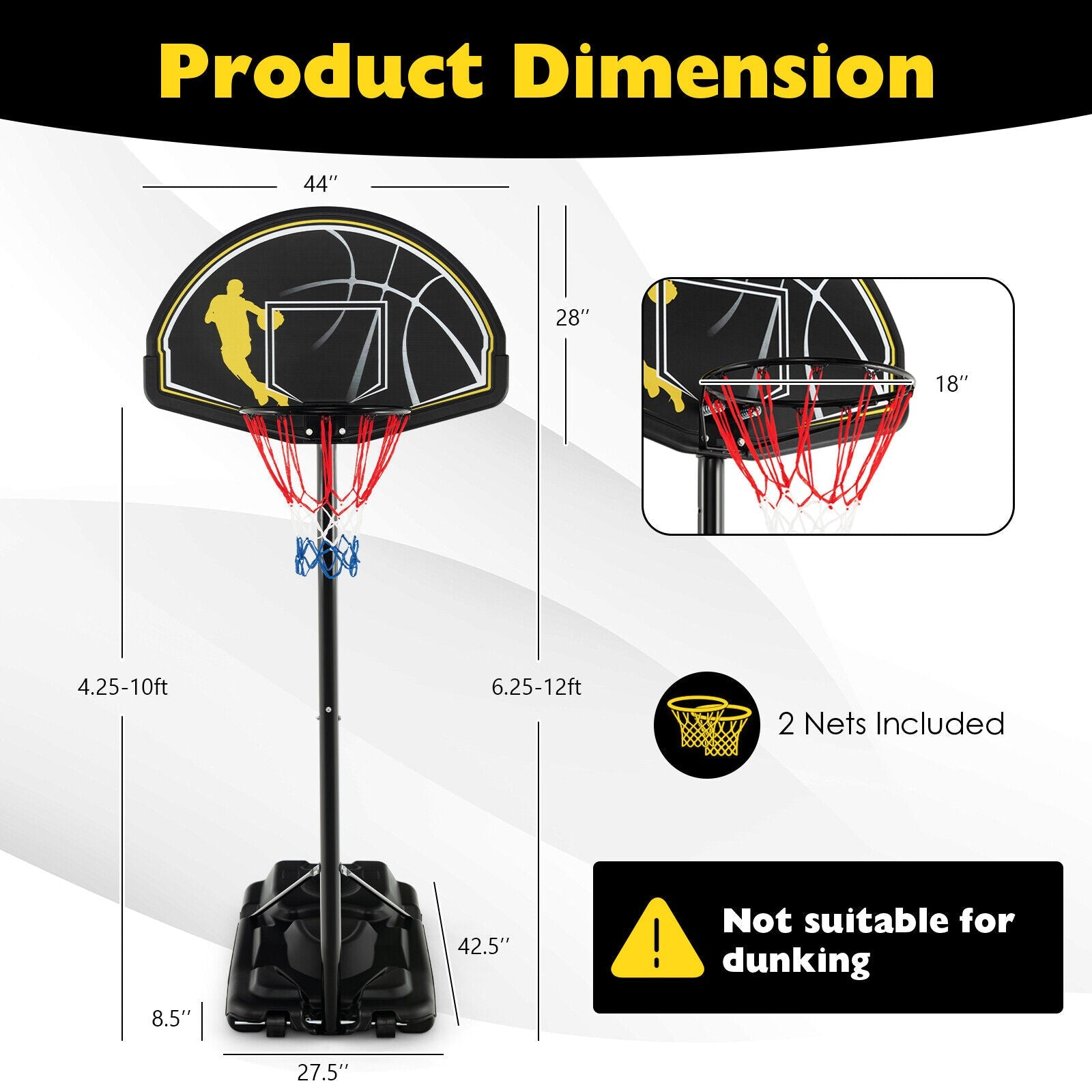 Adjustable Basketball Hoop System 4.25-10 Feet Portable
