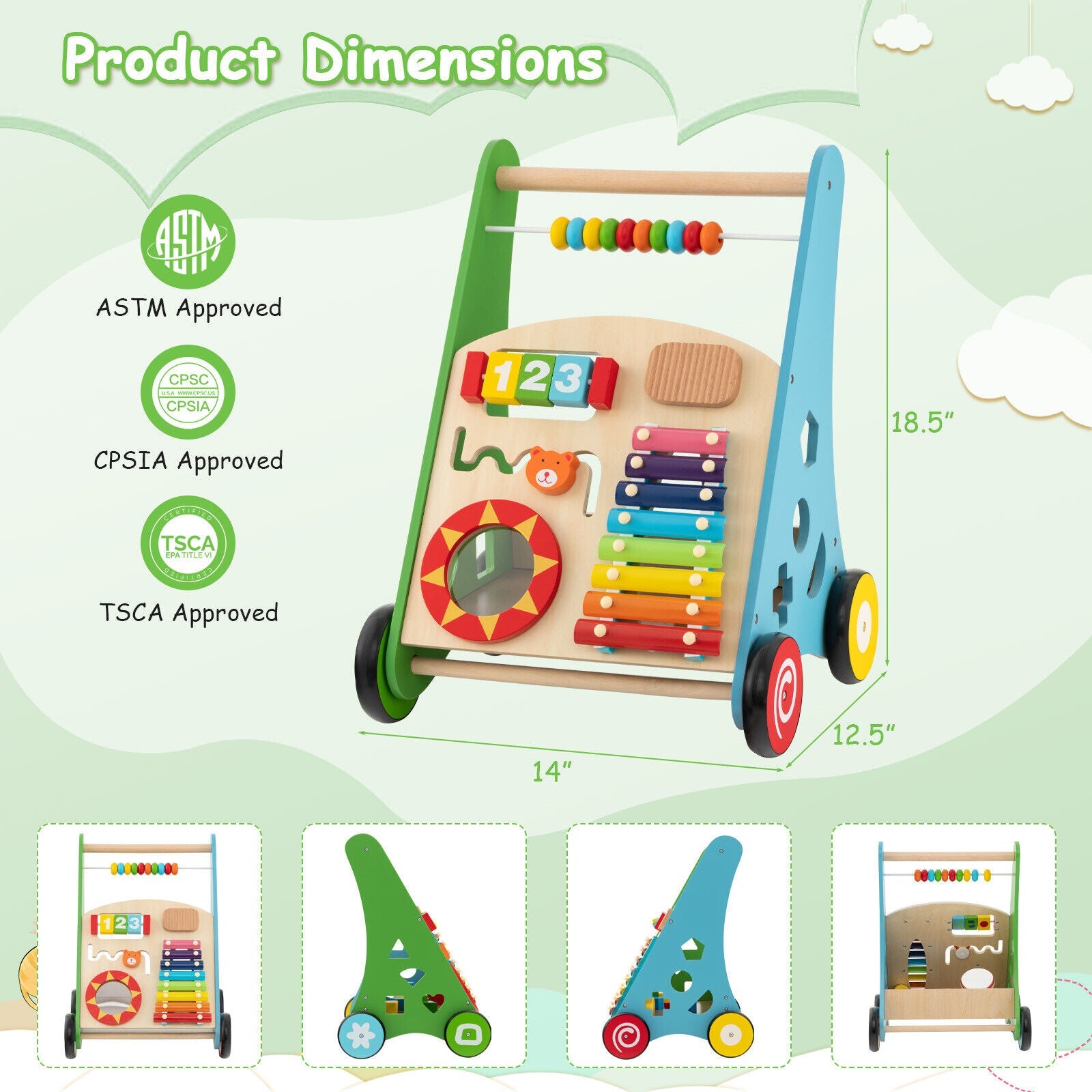 Toddler Push Walker Activity Center Toy with Burr-free Handle