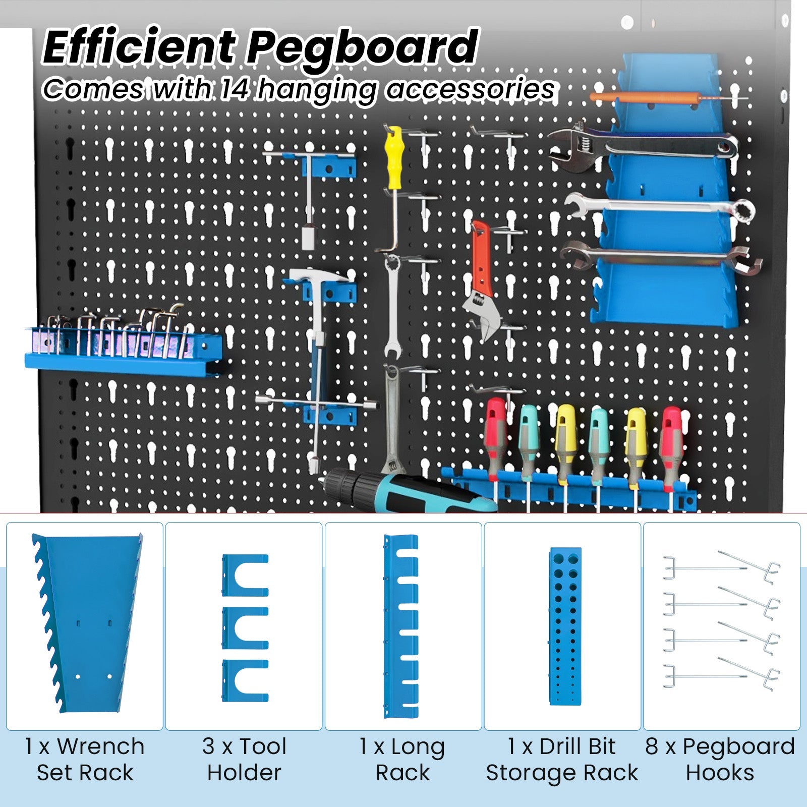 Tool Storage Workbench with Pegboard with 14 Hanging Accessories for Garage-Black and Blue