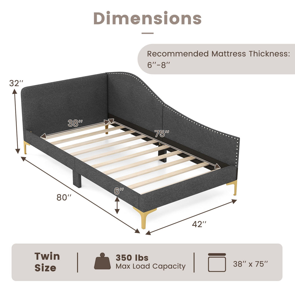 Full/Twin Size Rivet-Tufted Platform Bed with Metal Legs and Wood Slats-Twin Size