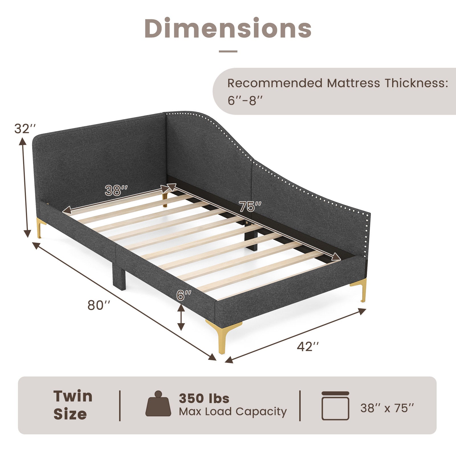 Full/Twin Size Rivet-Tufted Platform Bed with Metal Legs and Wood Slats-Twin Size