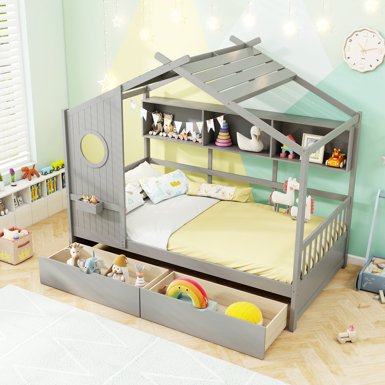 Twin Size House Bed with 2 Storage Drawers and Fence Guardrails-Gray