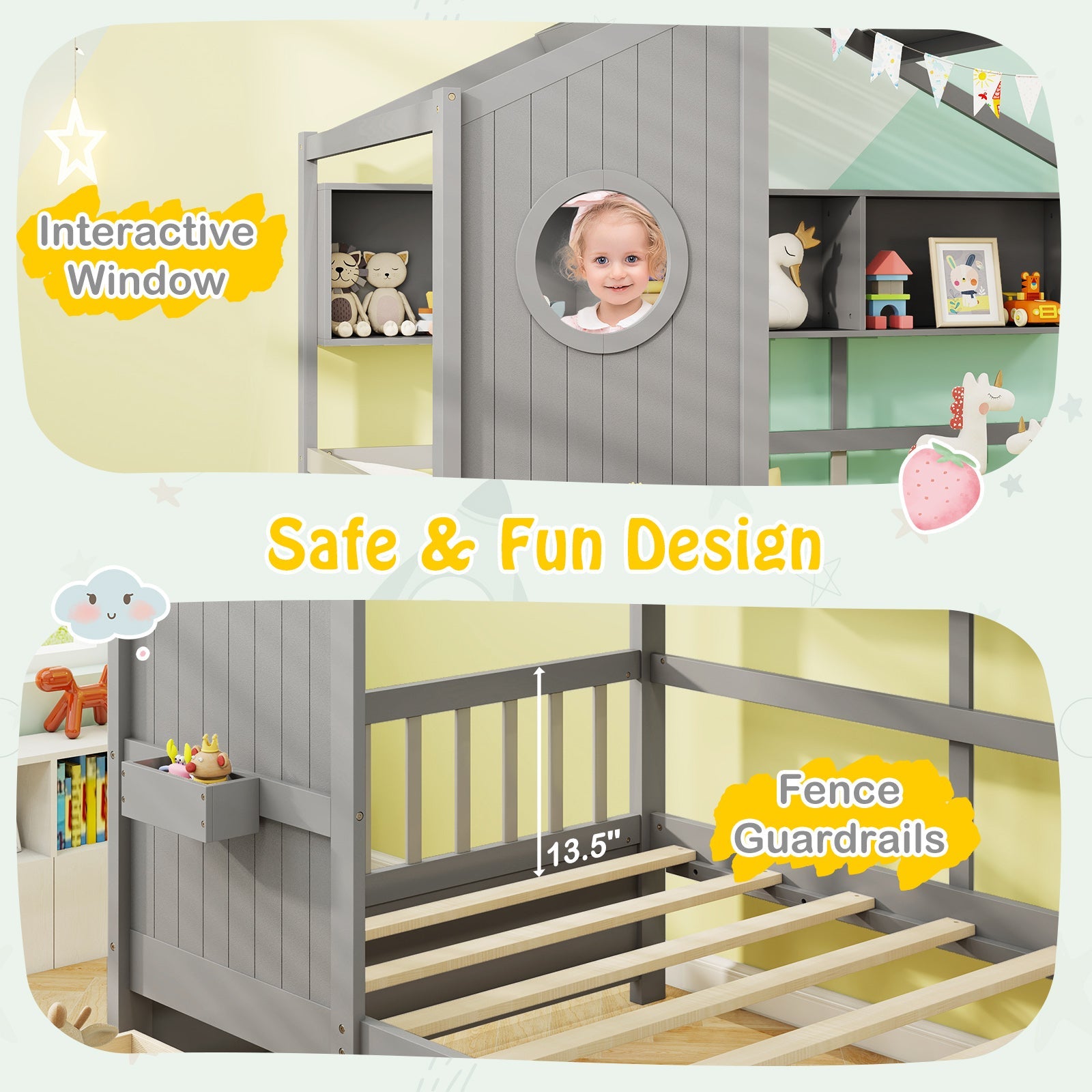 Twin Size House Bed with 2 Storage Drawers and Fence Guardrails-Gray