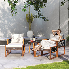 5 Pieces Patio Furniture Set PE Rattan Outdoor Conversation Set with Acacia Wood