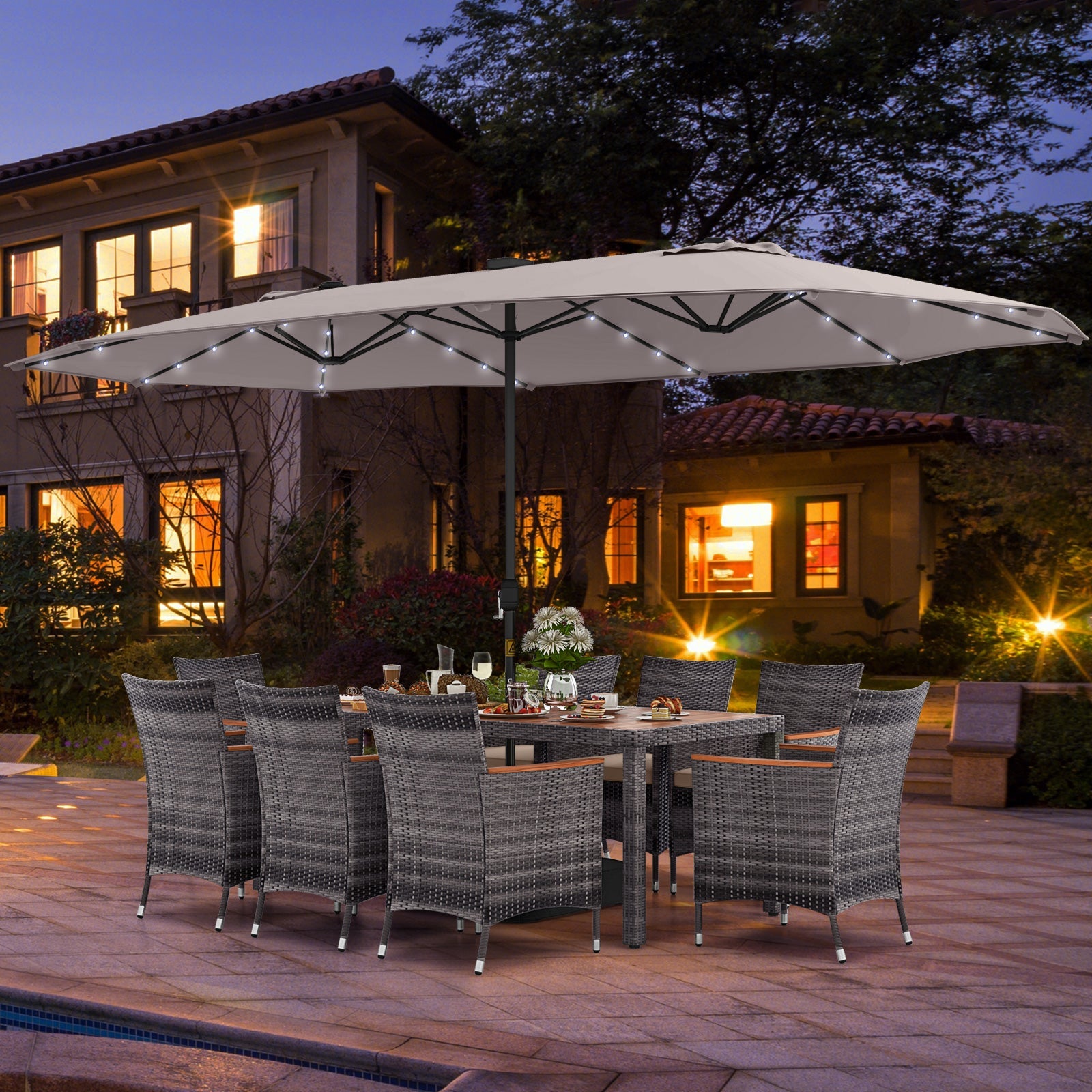 11 Pieces Patio Dining Set with 15 Feet Double-Sided Patio Umbrella Base Included