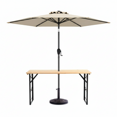 3-Piece Patio Picnic Table Set: Adjustable Wooden Picnic Table + Umbrella + Umbrella Base