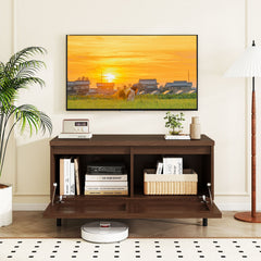 Mid Century Fluted TV Stand for 40" TV with 2 Hidden Compartments and Metal Legs-Walnut