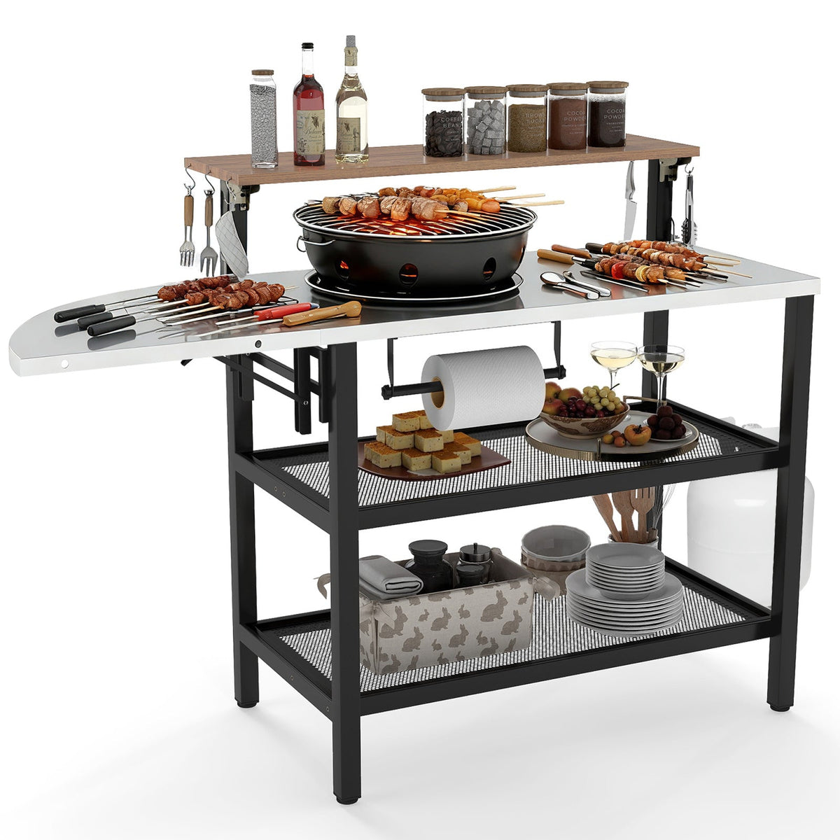Outdoor Foldable Grill Table with Flip-Up Top and 2 Storage Shelves for Backyard Garden