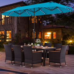 11 Pieces Patio Dining Set 15ft Double-Sided Patio Umbrella (Base Included) and Outdoor Rattan Furniture Set with 8 Stackable Chairs-Turquoise