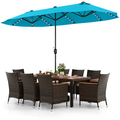 11 Pieces Patio Dining Set 15ft Double-Sided Patio Umbrella (Base Included) and Outdoor Rattan Furniture Set with 8 Stackable Chairs-Turquoise