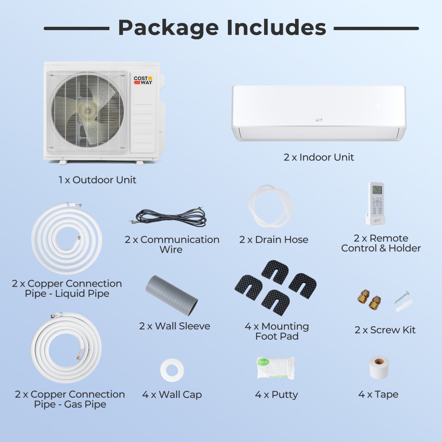 27000 BTU 2 Zone Mini Split AC with Heat Pump (18K+18K)