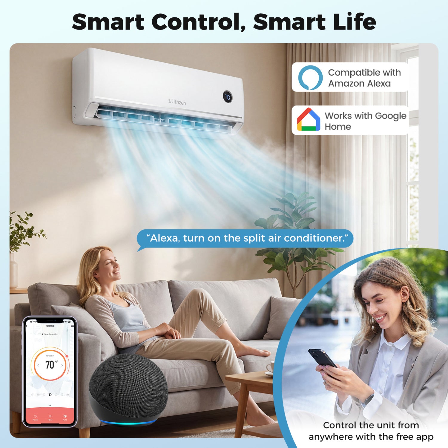 12000 BTU Smart Mini Split AC/Heater Works with Alexa & Google Assistant