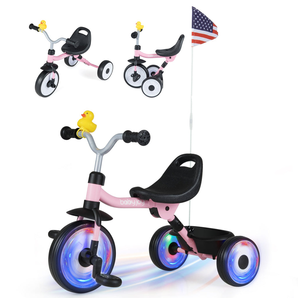 Glowing Wheels Toddler Tricycle Foldable Kids Trike with Basket and Duck Bell