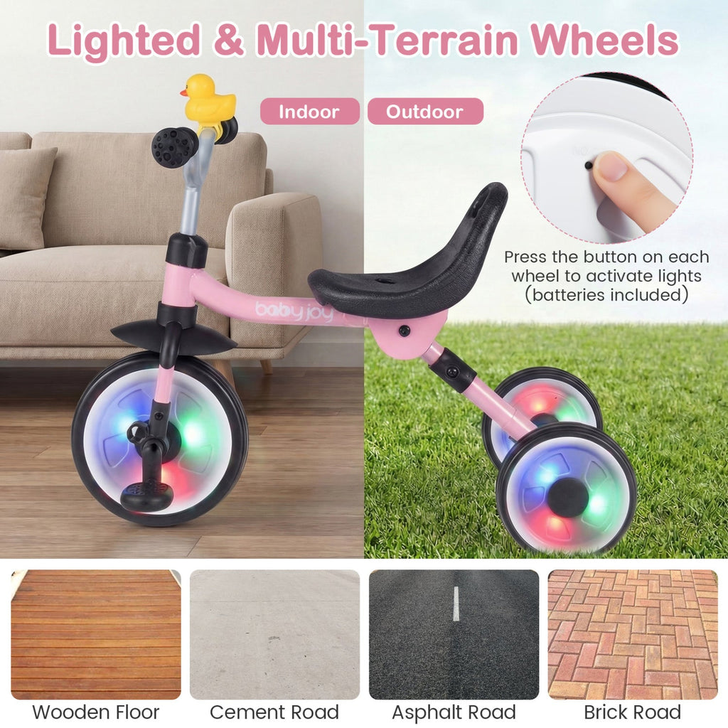 Glowing Wheels Toddler Tricycle Foldable Kids Trike with Basket and Duck Bell