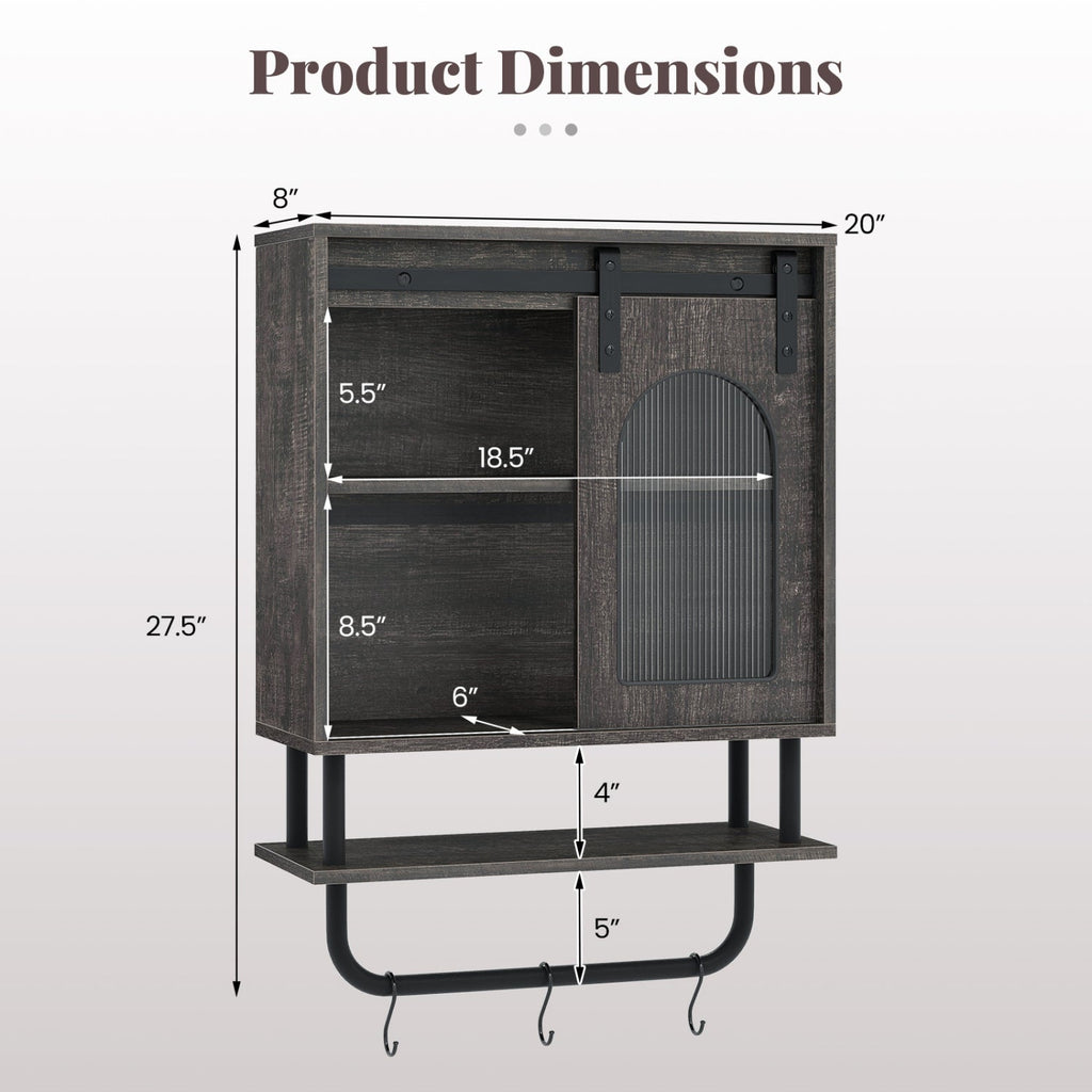 Bathroom Wall Cabinet with Sliding Barn Door and Metal Hanging Bar with 3 Hooks