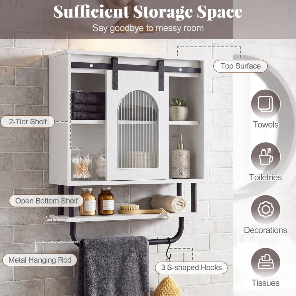 Bathroom Wall Cabinet with Sliding Barn Door and Metal Hanging Bar with 3 Hooks