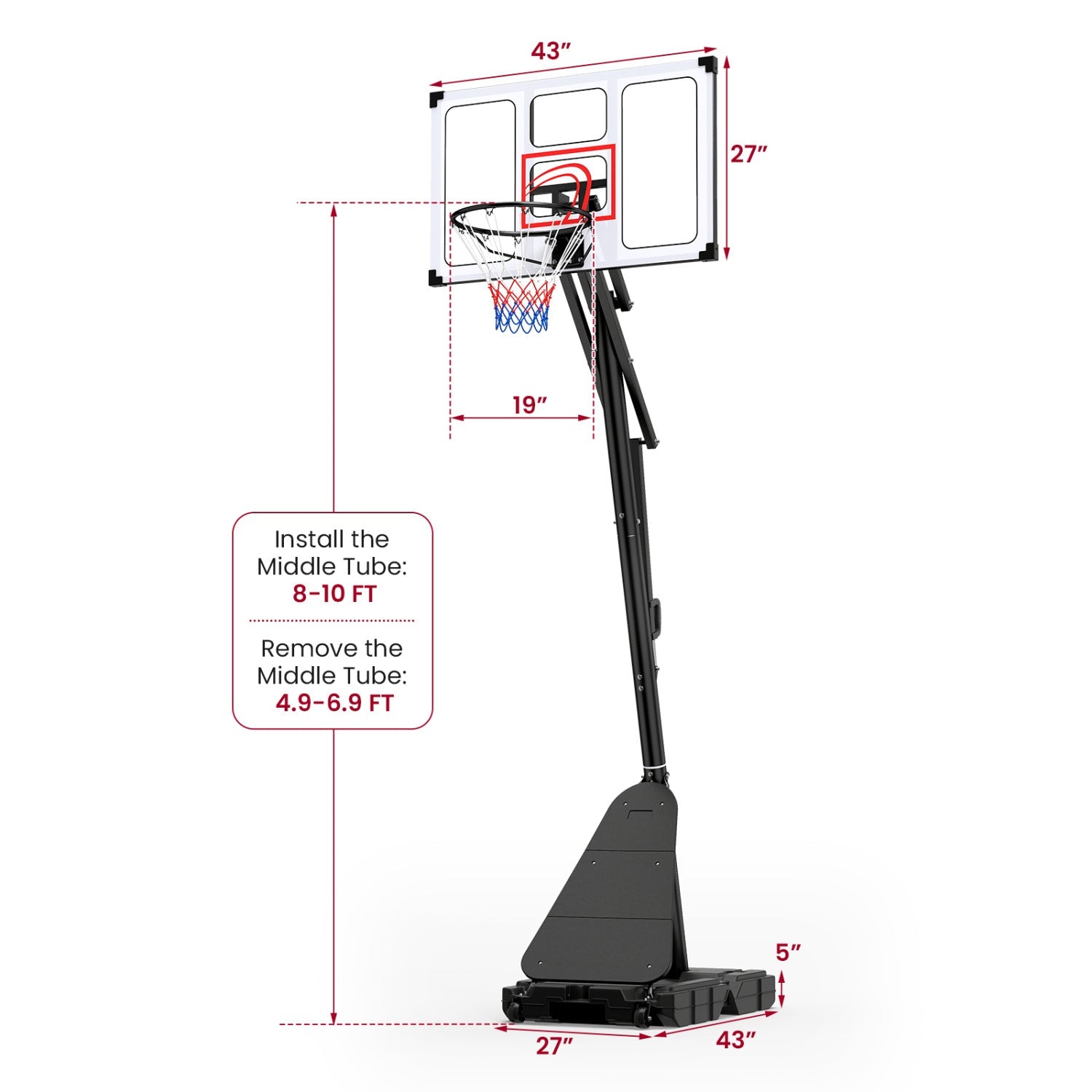 Portable Basketball Hoop Adjustable 4.9-10 Feet with Base