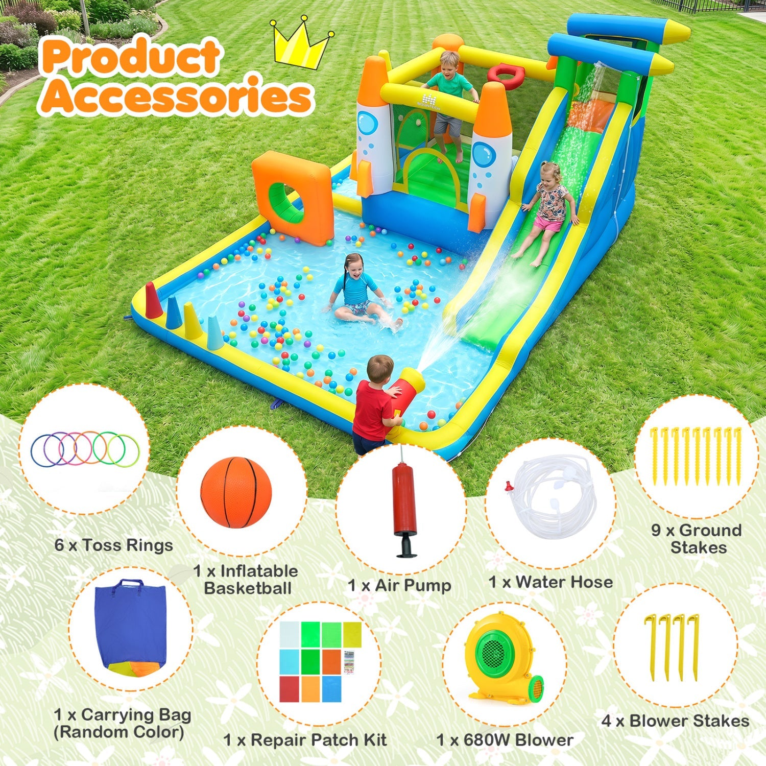 10-in-1 Inflatable Bounce House with Water Slide and Blower