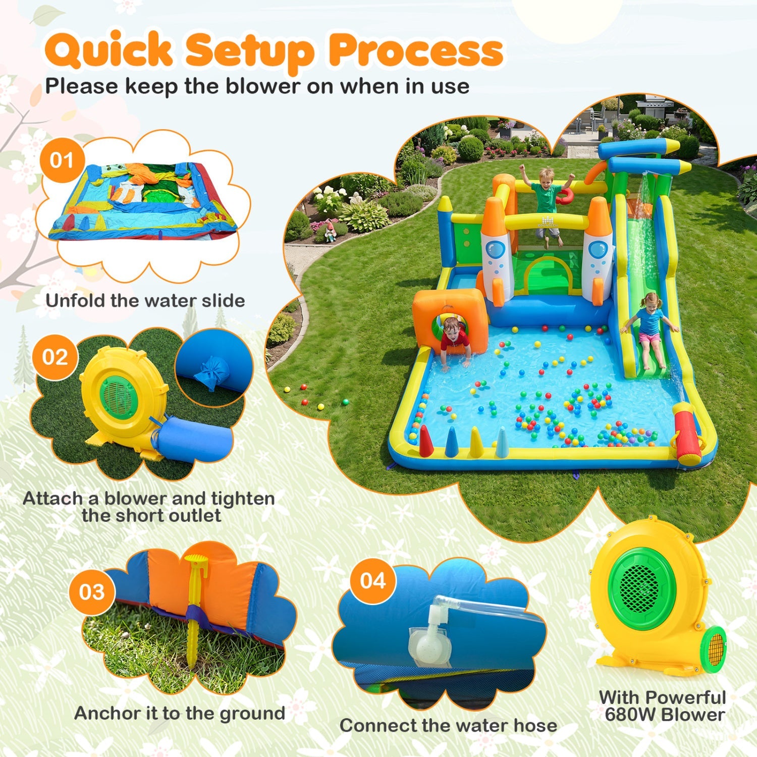 10-in-1 Inflatable Bounce House with Water Slide and Blower