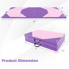 10 Feet x 4 Feet x 2 Inch Folding Exercise Mat with Hook and Loop Fasteners-Pink