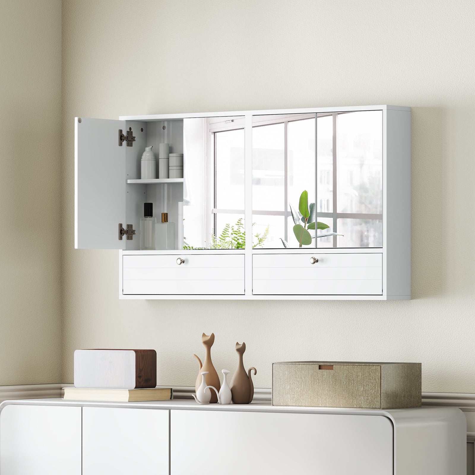 Double Door Wall-Mounted Bathroom Mirrored Medicine Cabinet-White