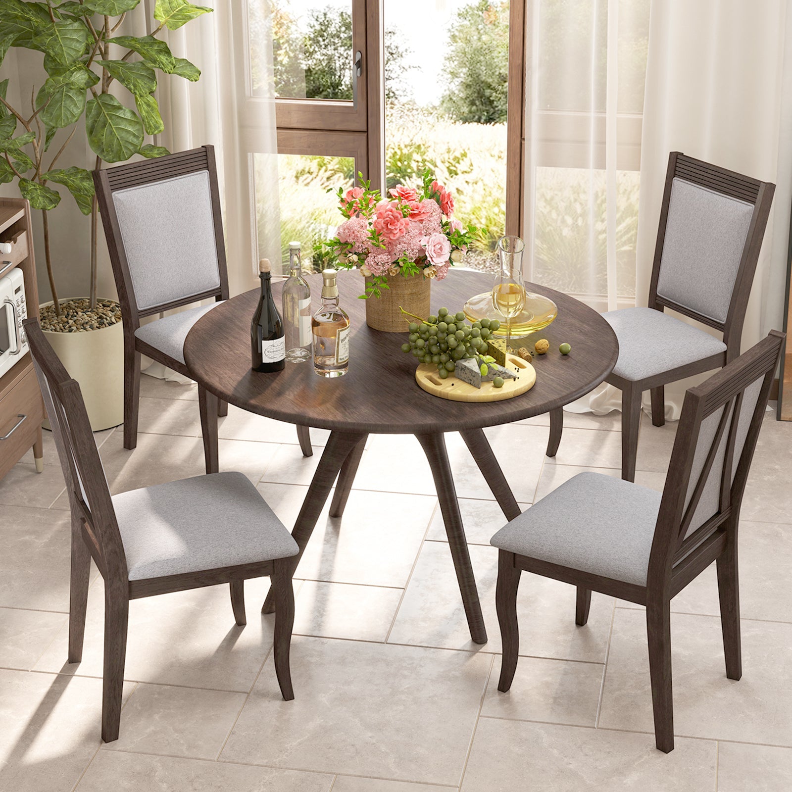 Wood Dining Chairs Set of 2 with Rubber Wood Frame and Padded Seat-Brown