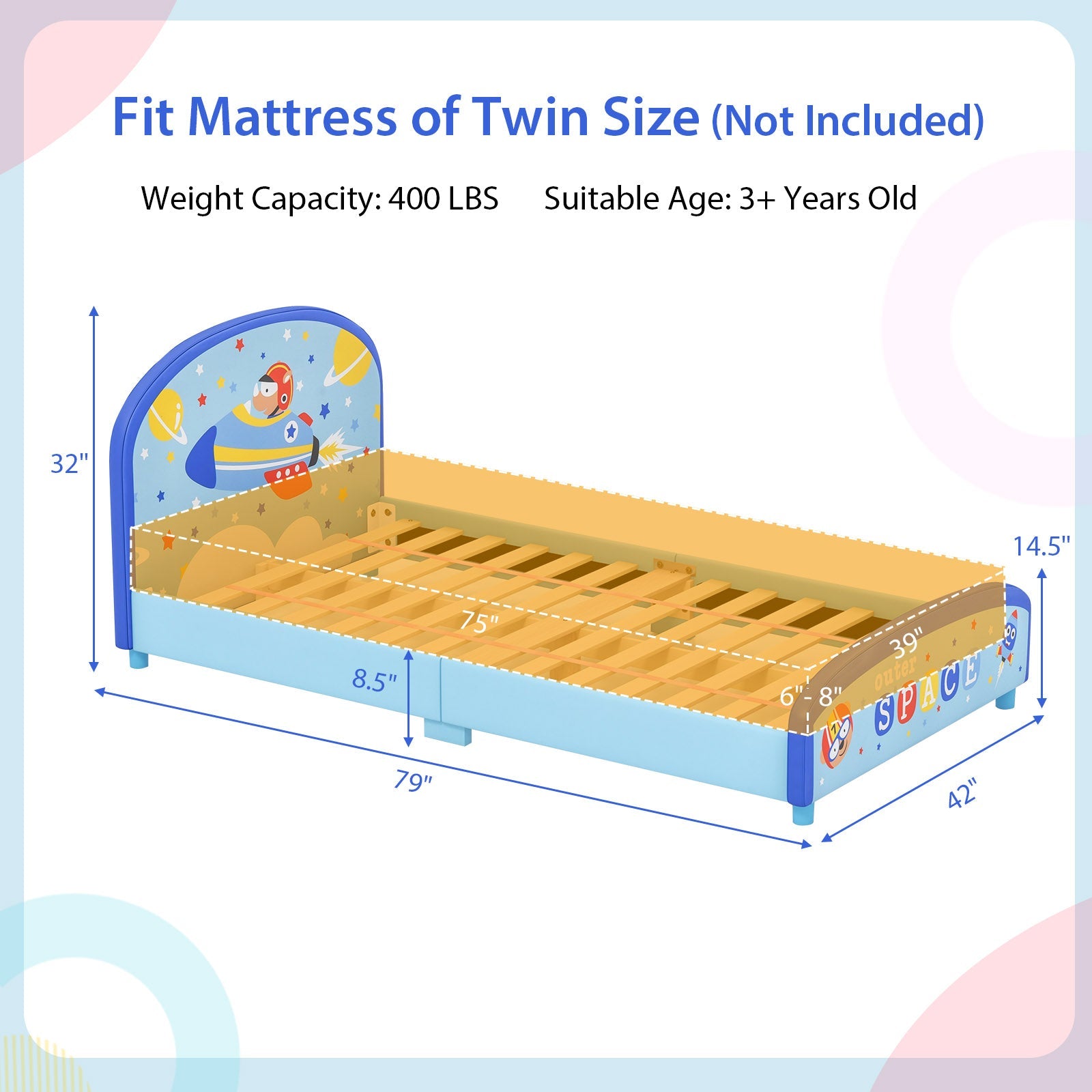 Wood Upholstered Twin Bed Platform with Slat Support-Blue
