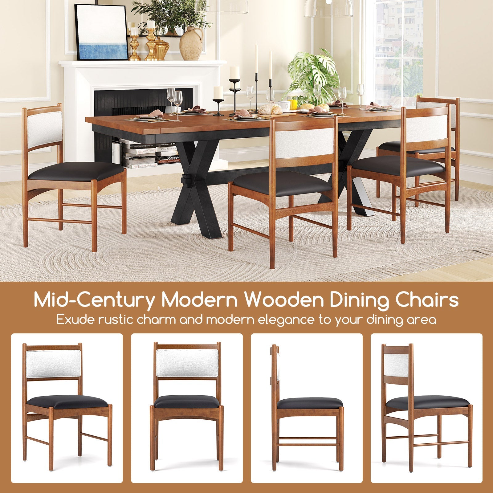 Wooden Dining Chair Set of 2 with Rubber Wood Frame and Faux Sherpa Backrest-Walnut